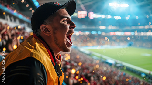 Excited Sports Fan Cheering in Stadium.Euphoric male sports fan shouting in support, surrounded by stadium crowd during a live sporting event, capturing the passion of fandom.