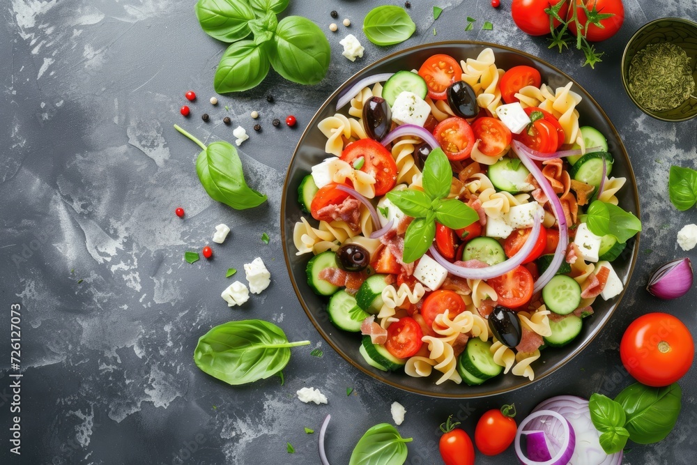 Pasta salad with tomatoes, cucumbers, olives, mozzarella and red onion Greek style. Pasta salad with tomatoes, cucumbers, olives, mozzarella and red onion Greek style.