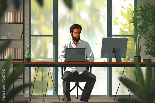 Realistic business man sitting at the table with computer in the office.