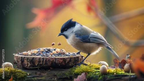 Adorable marsh tit (Parus palustris) eating seeds photo