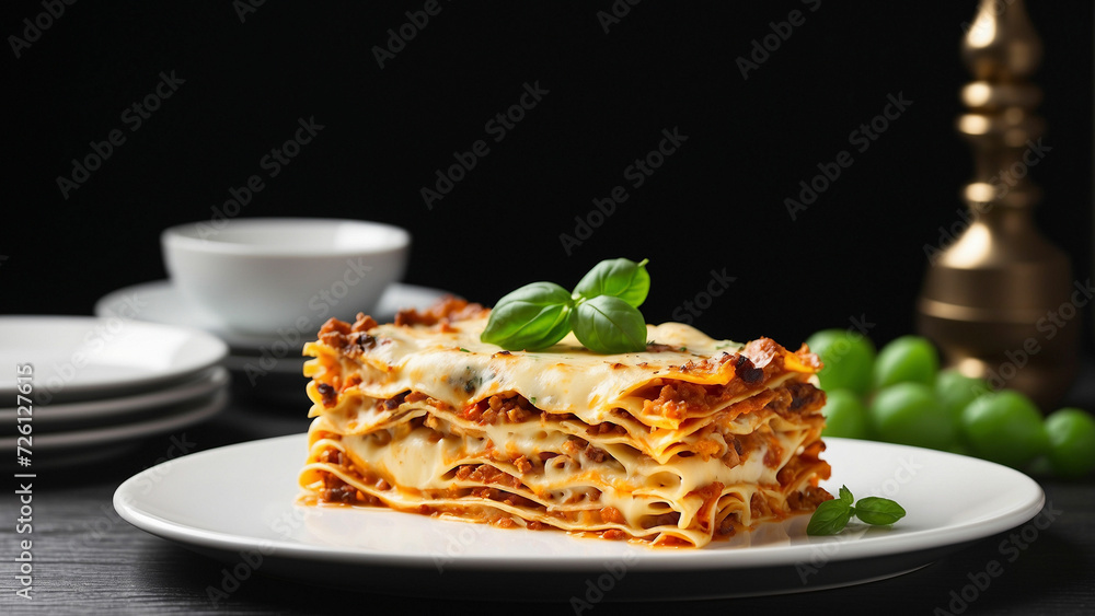 Fototapeta premium A cheese lasagna, perfectly portioned on a pristine white plate, set against the dark allure of a black wooden table