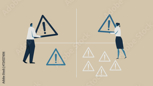 Man and woman are sorting out the order in which danger marks are processed.