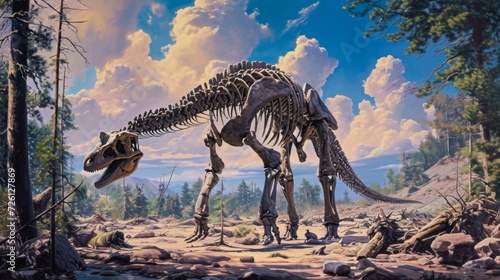 A towering sauropod femur juts out from the ground surrounded by smaller bones that once made up its sy legs. © Justlight