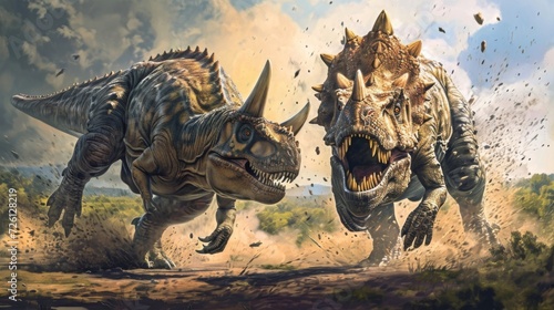 The ground trembles as the two mive dinosaurs charge towards each other their horns aimed straight at the others thick shieldlike frill. © Justlight