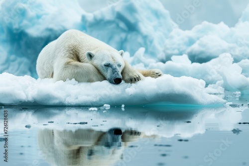 A serene image of a polar bear resting or sleeping on a drifting ice floe, Generative AI
 photo