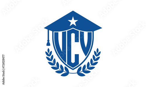 UCV three letter iconic academic logo design vector template. monogram, abstract, school, college, university, graduation cap symbol logo, shield, model, institute, educational, coaching canter, tech photo