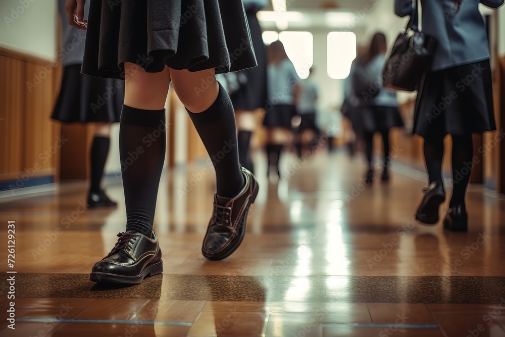Close-up the feet of junior high school students walking through the classroom Generative AI Close-up the feet of junior high school students walking through the classroom Generative AI