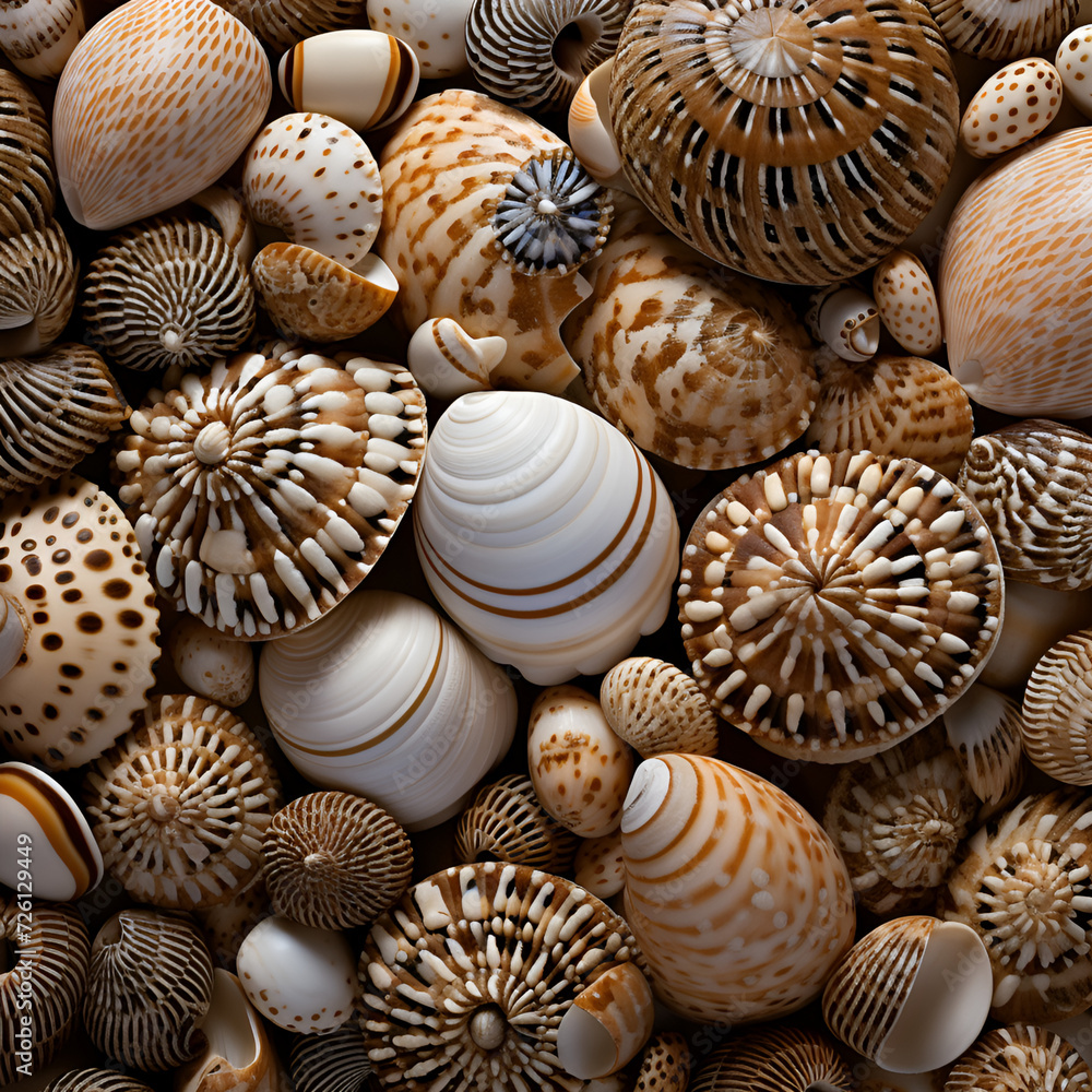 Images of colorful seashells from the beach, seashells, natural, nature, white, brown, black, art, AI-generated.
