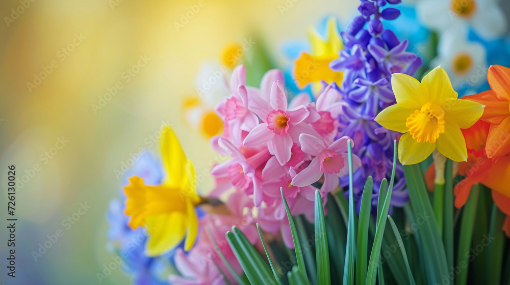 Spring Flowers and Bee in a Colorful Garden
