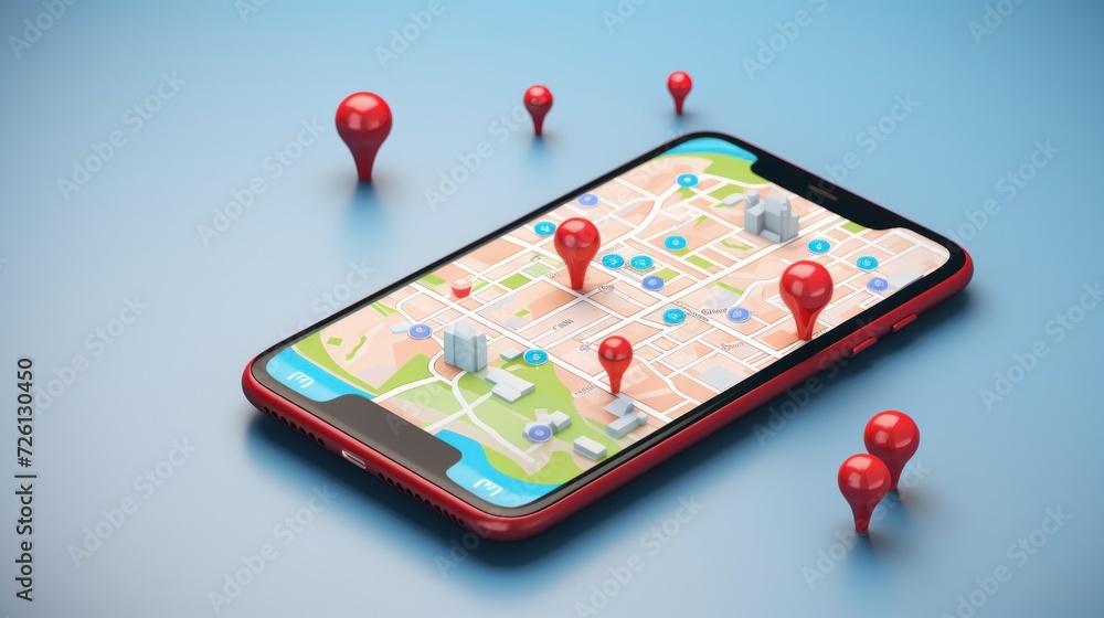 Smartphone with map, 3D Map pins, GPS, navigator pin checking points, 3D World Map icon, technology and application mobile smart phone with mobile, delivery tracking, transportation, generate by AI Smartphone with map, 3D Map pins, GPS, navigator pin checking points, 3D World Map icon, technology and application mobile smart phone with mobile, delivery tracking, transportation, generate by AI