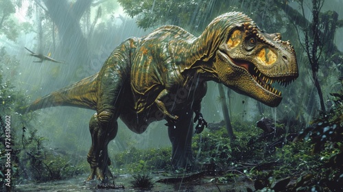 A determined allosaurus stalks through the wet underbrush undeterred by the lingering rain as it searches for its next prey. © Justlight