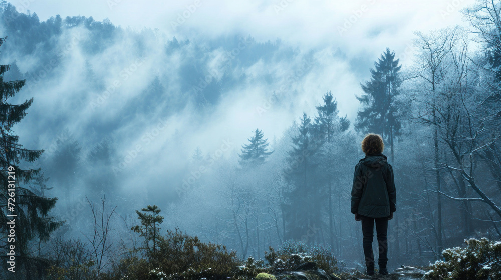 Person standing in front of a misty forest, contemplating the fog-covered trees.