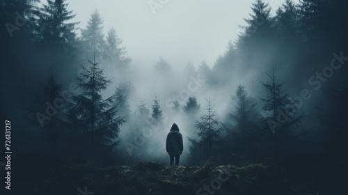 Silhouette of a person in a forest with fog creating a mystical atmosphere.