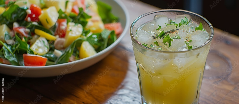 An icy lemon beverage sits next to a potato salad and dressing made with black garlic. An icy lemon beverage sits next to a potato salad and dressing made with black garlic.