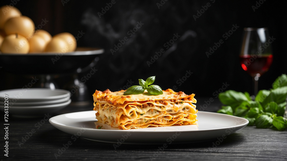 Fototapeta premium A cheese lasagna taking center stage on a clean white plate, situated on a glossy black wooden table and the mood and atmosphere created by this striking contrast