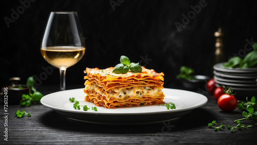  A cheese lasagna taking center stage on a clean white plate, situated on a glossy black wooden table and the mood and atmosphere created by this striking contrast