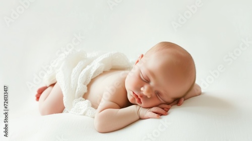 High-Angle View Of Baby Boy Sleeping On Side Lying In Bed Indoors. Cute Toddler Child Resting Napping During Daytime Sleep At Home Concept. Side View Shot. 