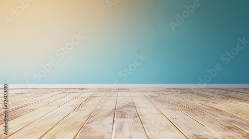 Background for a cosmetic, fragrance or beverage product packshot - pastel blue plaster wall and wooden floor in the foreground photo