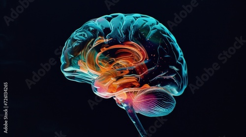 Brain graphic, neuro pattern and digital illustration with science hologram and mind connections. Black background, art and neuroscience pathway of intelligence, circuit system and cerebral lines