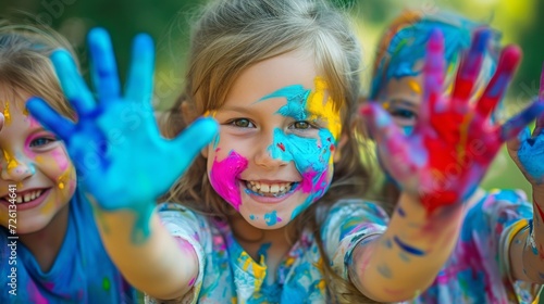 Joyful Child Celebrating Holi with Colorful Hands