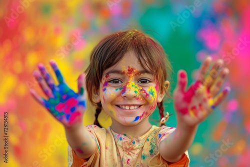 Joyful Child Celebrating Holi with Colorful Hands