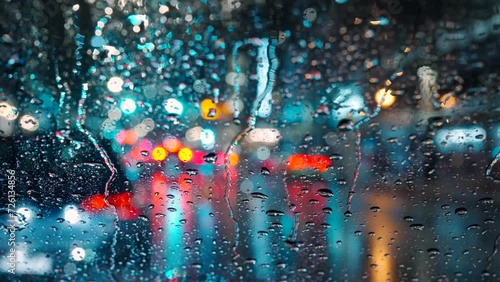 Lights of the evening city and passing cars through a wet rainy window.