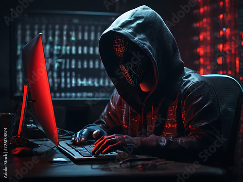 Anonymous hacker in hood with no face on black background