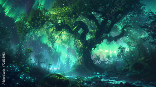 Enchanted Forest with Mystical Green Lights