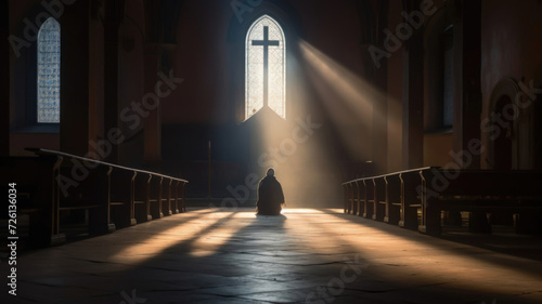 person sitting alone in a peaceful church setting near window with christian cross with light beams pouring in