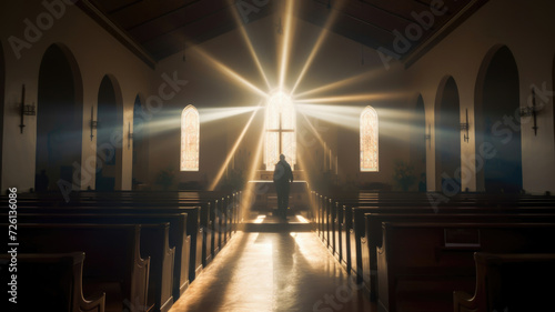 person standing alone in a peaceful church setting near window with cross