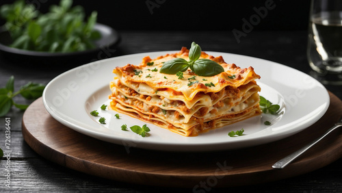 Visual appeal of a cheese lasagna served on a pristine white plate, placed elegantly against the contrast of a sleek black wooden table