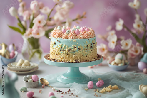 An Easter Cake on a Stand Decorated with Pastel Frosting and Chocolate Eggs. AI Generative.