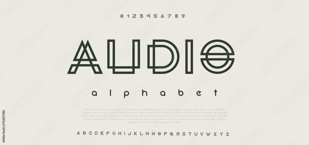 Audio Double line monogram alphabet and tech fonts. Lines font regular uppercase and lowercase. Vector illustration. - obrazy, fototapety, plakaty 
