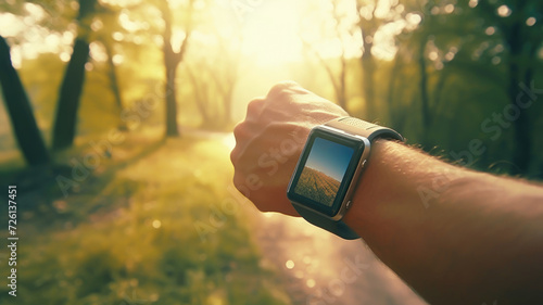 A person wearing a fitness tracker or smartwatch walking through forest