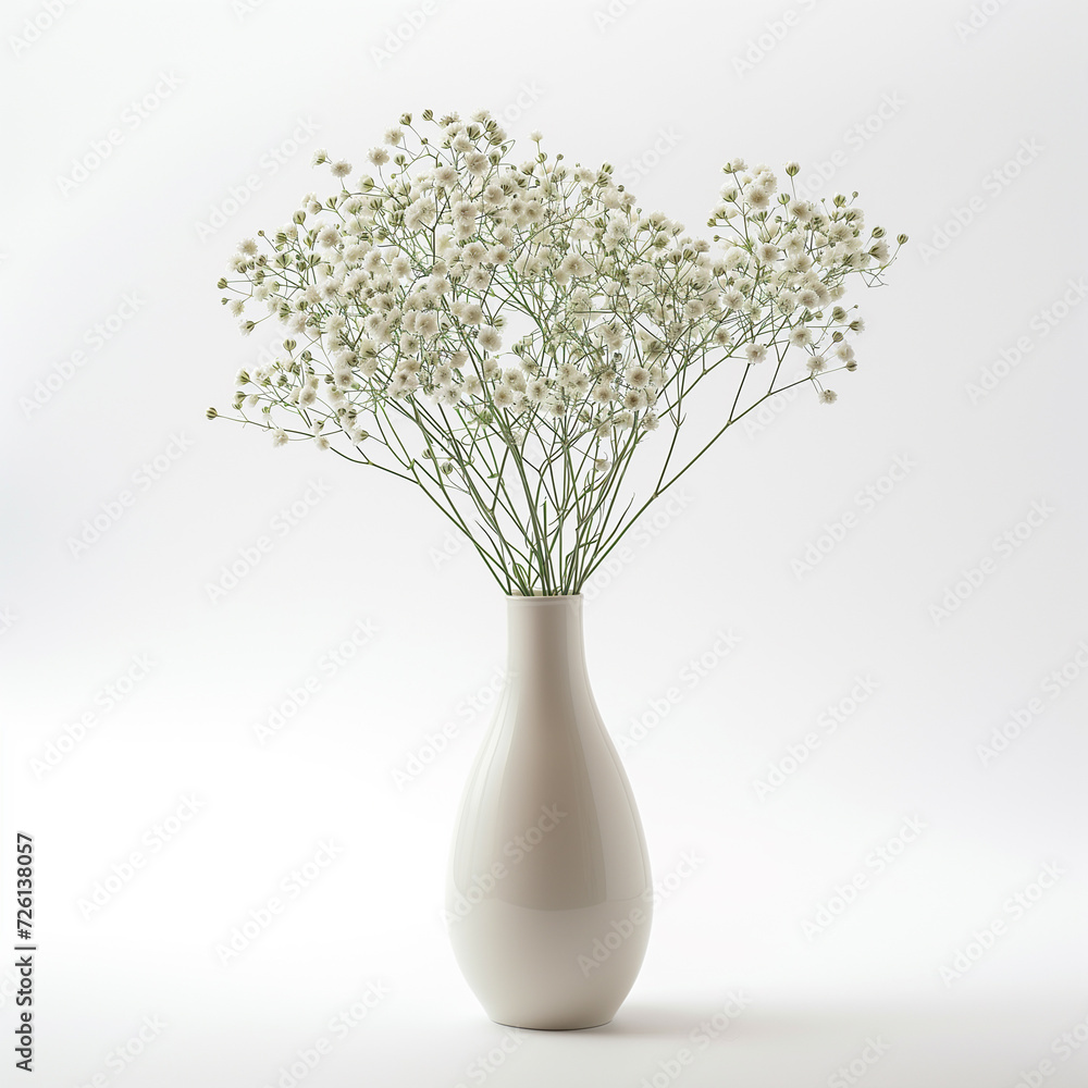A simple white vase holding a bouquet of delicate baby's breath flowers, isolated on a white background