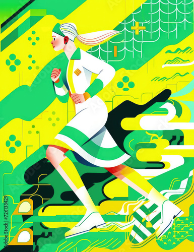 an illustrated green colored vertical poster of a woman running quickly with sports running shoes