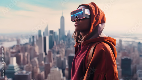 Young Black woman with VR headset and hoodie with city landscape in background