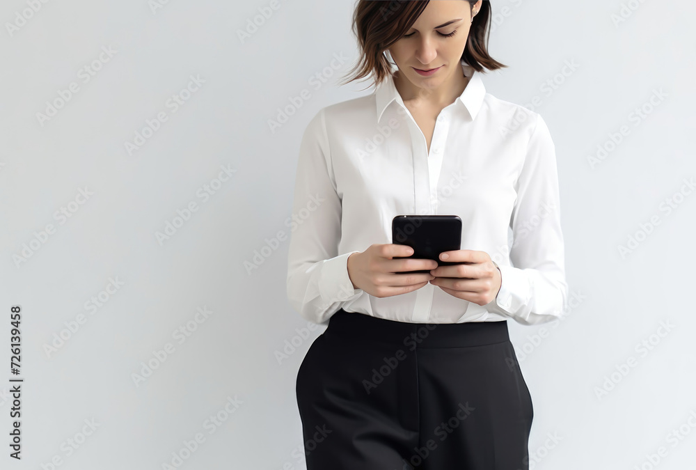 portrait of a smiling young woman in business casual texting on a cellphone on blank white background portrait of a smiling young woman in business casual texting on a cellphone on blank white background