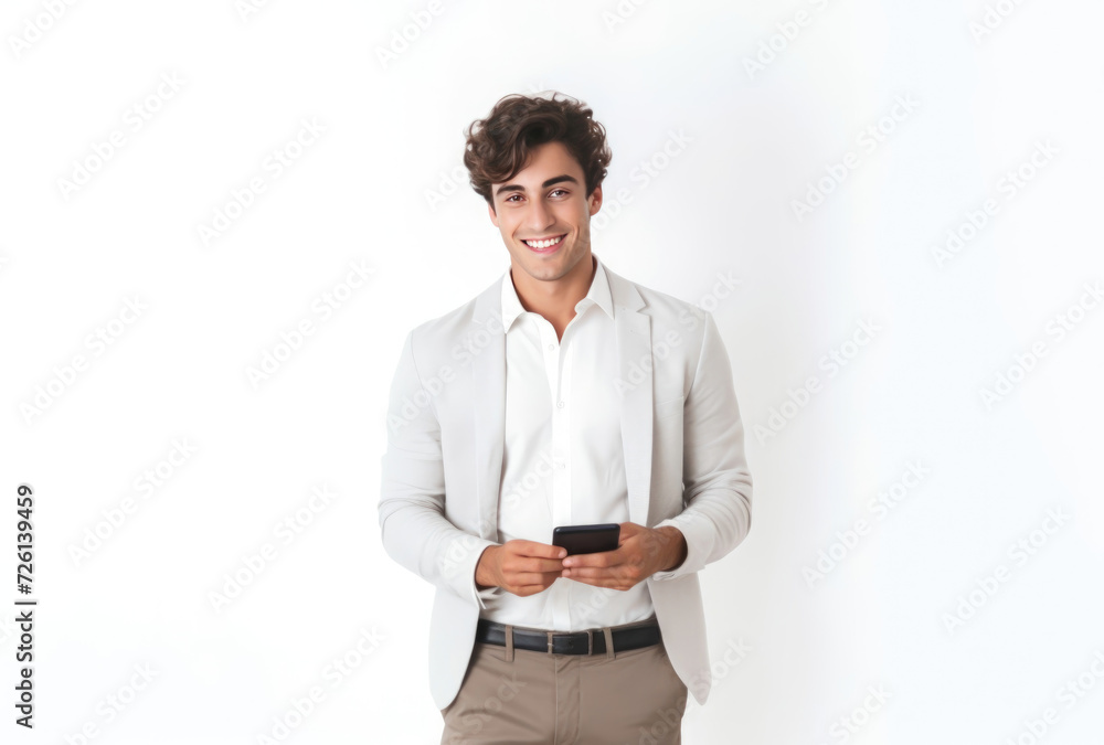 portrait of a smiling young man in business casual with a cellphone on blank white background portrait of a smiling young man in business casual with a cellphone on blank white background