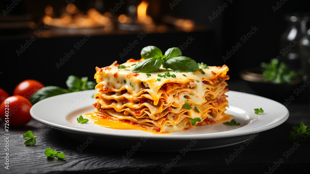 Picture of a cheese lasagna presented on a minimalist white plate, placed on a glossy black wooden table and the interplay of light and shadows Picture of a cheese lasagna presented on a minimalist white plate, placed on a glossy black wooden table and the interplay of light and shadows