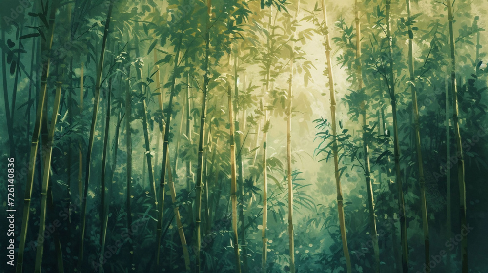 Tranquil Bamboo Forest with Mist and Sunlight