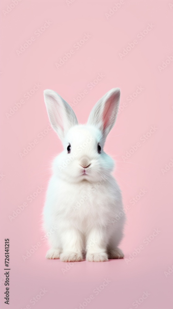 A cute white bunny with fluffy fur sitting on a soft pink background, looking directly at the viewer. A cute white bunny with fluffy fur sitting on a soft pink background, looking directly at the viewer.