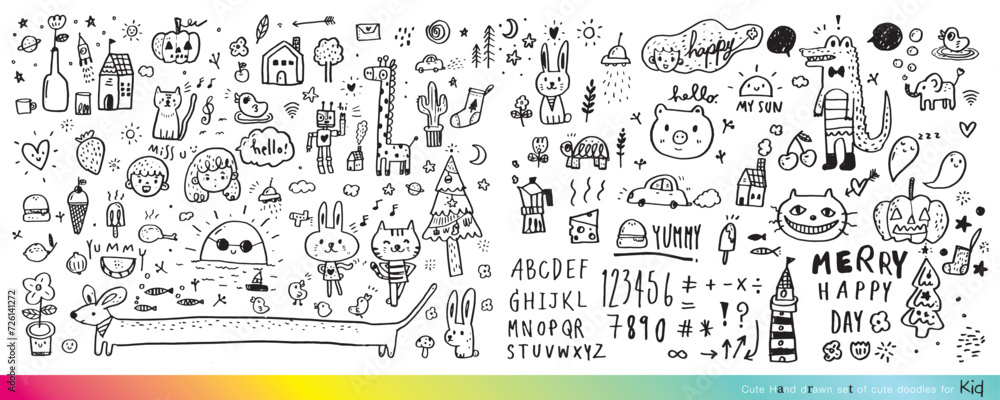 Vector illustration of Doodle cute for kid, Hand drawn set of cute doodles for decoration,Funny Doodle Hand Drawn, Summer, Doodle set of objects from a child's life,Cute animal - obrazy, fototapety, plakaty 