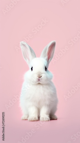 A cute white bunny with fluffy fur sitting on a soft pink background, looking directly at the viewer. © tashechka