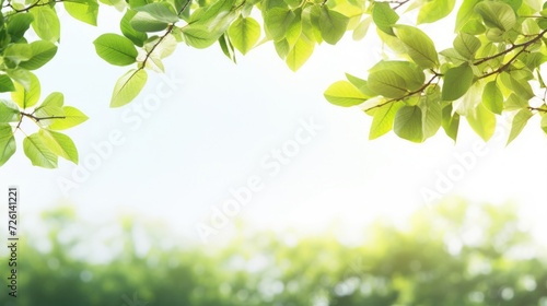 Fresh green leaves dangle delicately against a clear sky, bathed in sunlight, portraying growth and life.