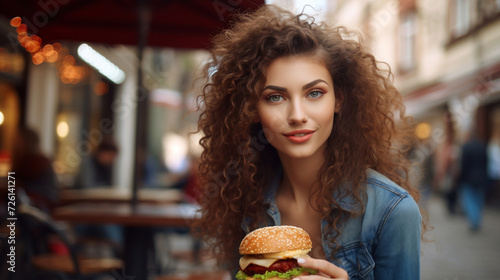A beautiful young woman with curly hair enjoying a burger at an outdoor street cafe, with a bokeh background.