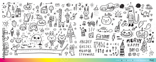 Vector illustration of Doodle cute for kid, Hand drawn set of cute doodles for decoration,Funny Doodle Hand Drawn, Summer, Doodle set of objects from a child's life,Cute animal photo