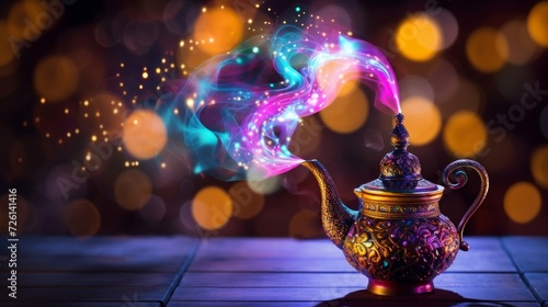 A mystical genie lamp on a wooden surface emitting colorful, magical smoke against a bokeh background. photo
