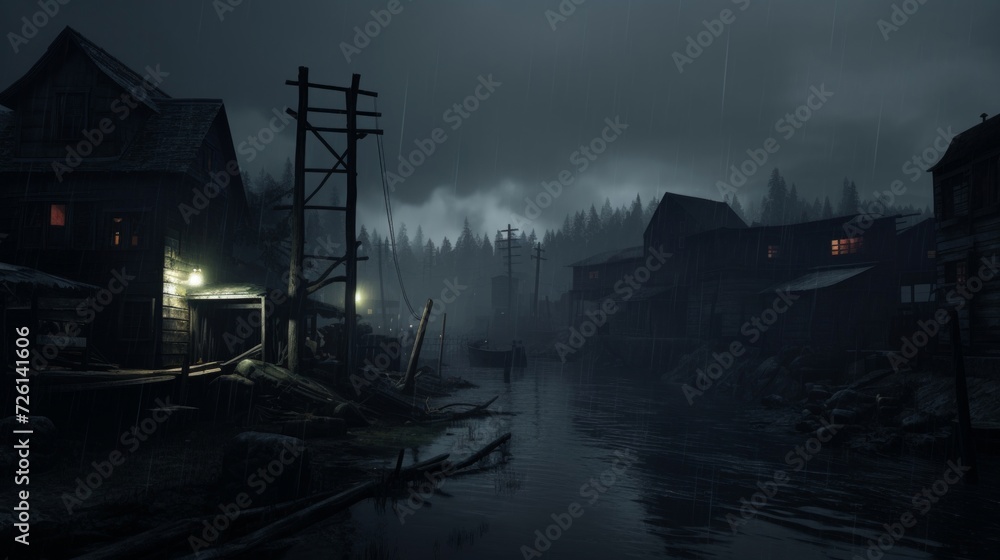 Abandoned fishing village under a gloomy sky, illuminated by dim lights in a misty, eerie night setting.