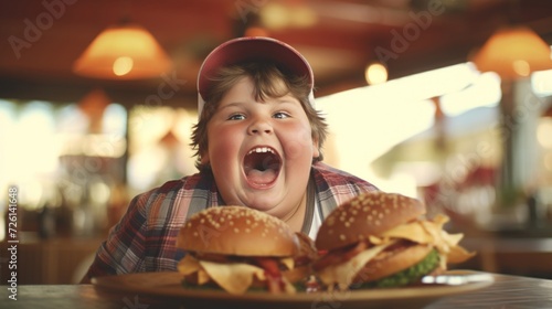 Ecstatic young boy about to eat a delicious burger meal in a sunny, cheerful diner environment.